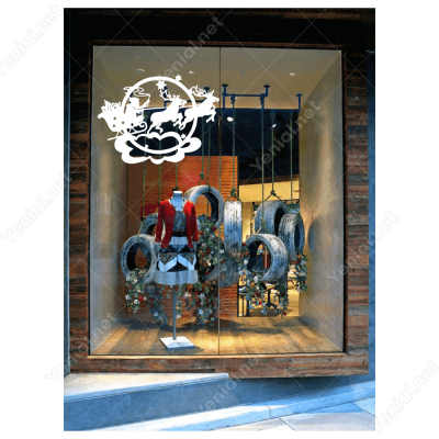 Yılbaşı Süslemesi Noel Baba Ve Geyikleri Sticker Yapıştırma 115x98cm