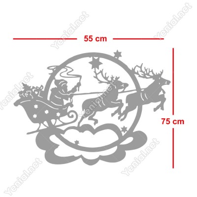 Bulutlar İçinde Geyikleri İle Gezinen Hediye Taşıyan Noel Baba Yılbaşı Süslemeleri Ev Vitrin Yılbaşı Stickerı