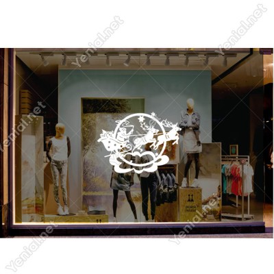 Bulutlar İçinde Geyikleri İle Gezinen Hediye Taşıyan Noel Baba Yılbaşı Süslemeleri Ev Vitrin Yılbaşı Stickerı