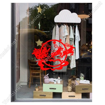 Bulutlar İçinde Geyikleri İle Gezinen Hediye Taşıyan Noel Baba Yılbaşı Süslemeleri Ev Vitrin Yılbaşı Stickerı