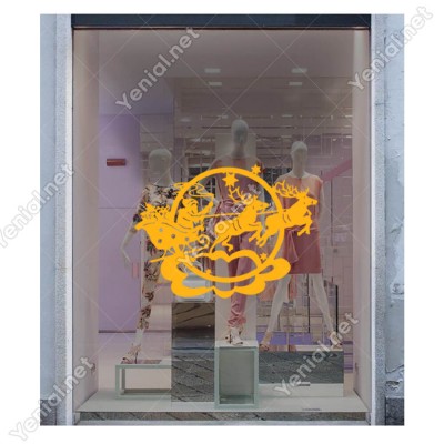 Bulutlar İçinde Geyikleri İle Gezinen Hediye Taşıyan Noel Baba Yılbaşı Süslemeleri Ev Vitrin Yılbaşı Stickerı