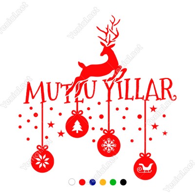 Geyik Salınan Hediyeler Kar Taneleri ve Mutlu Yıllar Yazısı Yılbaşı Süslemeleri Ev Vitrin Yılbaşı Stickerı