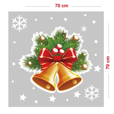 Kurdelalı Yılbaşı Zili Süsü ve Kar Taneleri Vitrin Sticker Yapıştırma 70x70cm