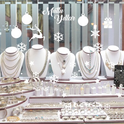 Mutlu Yıllar ve Kar Taneleri Yılbaşı Süsü Vitrin Sticker Yapıştırma 70x70cm Ev Vitrin Yılbaşı Stickerı