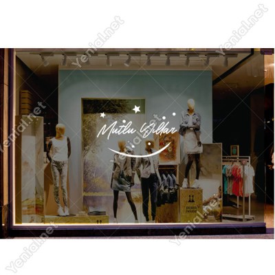 Mutlu Yıllar Yazısı ve Gülücük İşareti Simgesi Yılbaşı Cam Vitrin Mağaza Süslemeleri Ev Vitrin Yılbaşı Stickerı