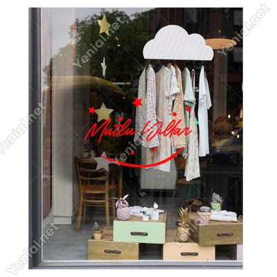 Mutlu Yıllar Yazısı ve Gülücük İşareti Simgesi Yılbaşı Cam Vitrin Mağaza Süslemeleri Ev Vitrin Yılbaşı Stickerı