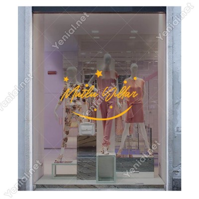 Mutlu Yıllar Yazısı ve Gülücük İşareti Simgesi Yılbaşı Cam Vitrin Mağaza Süslemeleri Ev Vitrin Yılbaşı Stickerı