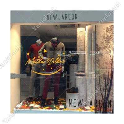 Mutlu Yıllar Yazısı ve Gülücük İşareti Simgesi Yılbaşı Cam Vitrin Mağaza Süslemeleri Ev Vitrin Yılbaşı Stickerı