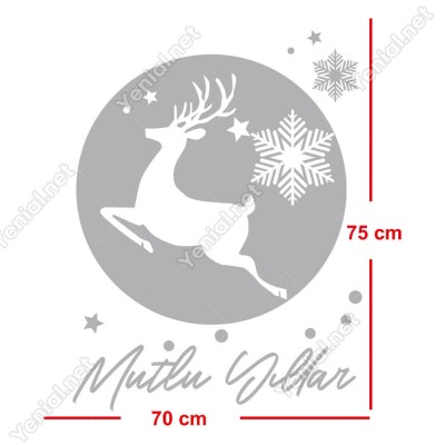 Mutlu Yıllar Yazısı ve Küçüklü Büyüklü Kar Taneleri Geyik Yılbaşı Vitrin Süslemeleri Ev Vitrin Yılbaşı Stickerı