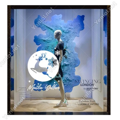 Mutlu Yıllar Yazısı ve Küçüklü Büyüklü Kar Taneleri Geyik Yılbaşı Vitrin Süslemeleri Ev Vitrin Yılbaşı Stickerı