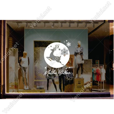 Mutlu Yıllar Yazısı ve Küçüklü Büyüklü Kar Taneleri Geyik Yılbaşı Vitrin Süslemeleri Ev Vitrin Yılbaşı Stickerı