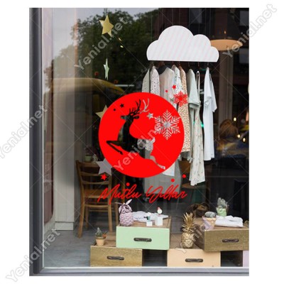 Mutlu Yıllar Yazısı ve Küçüklü Büyüklü Kar Taneleri Geyik Yılbaşı Vitrin Süslemeleri Ev Vitrin Yılbaşı Stickerı