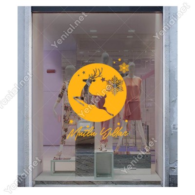 Mutlu Yıllar Yazısı ve Küçüklü Büyüklü Kar Taneleri Geyik Yılbaşı Vitrin Süslemeleri Ev Vitrin Yılbaşı Stickerı