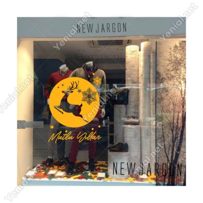 Mutlu Yıllar Yazısı ve Küçüklü Büyüklü Kar Taneleri Geyik Yılbaşı Vitrin Süslemeleri Ev Vitrin Yılbaşı Stickerı