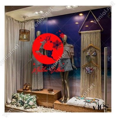 Mutlu Yıllar Yazısı ve Küçüklü Büyüklü Kar Taneleri Geyik Yılbaşı Vitrin Süslemeleri Ev Vitrin Yılbaşı Stickerı