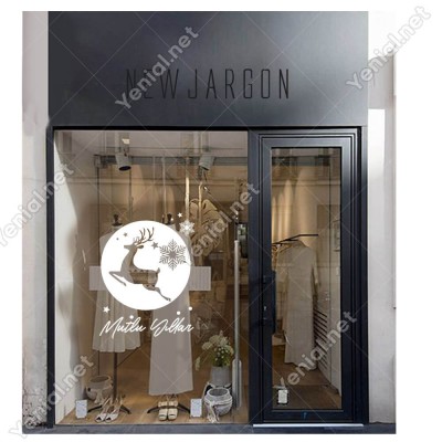 Mutlu Yıllar Yazısı ve Küçüklü Büyüklü Kar Taneleri Geyik Yılbaşı Vitrin Süslemeleri Ev Vitrin Yılbaşı Stickerı