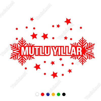 Mutlu Yıllar Yazısı ve Küçüklü Büyüklü Kar Taneleri Yılbaşı Süslemeleri Ev Vitrin Yılbaşı Stickerı