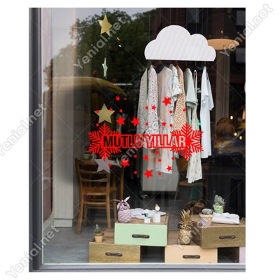 Mutlu Yıllar Yazısı ve Küçüklü Büyüklü Kar Taneleri Yılbaşı Süslemeleri Ev Vitrin Yılbaşı Stickerı