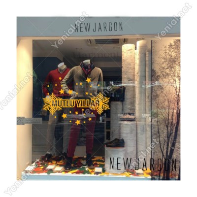 Mutlu Yıllar Yazısı ve Küçüklü Büyüklü Kar Taneleri Yılbaşı Süslemeleri Ev Vitrin Yılbaşı Stickerı