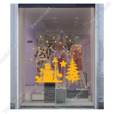 Neşeli Kardan Adam Yıldızlar ve Kar Taneleri Yılbaşı Süslemeleri Ev Vitrin Yılbaşı Stickerı