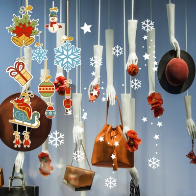 Salınan Sevimli Süslemeler Kar Taneleri ve Yılbaşı Ağacı Zil Vitrin Stickerları 70x70cm Ev Vitrin Yılbaşı Stickerı