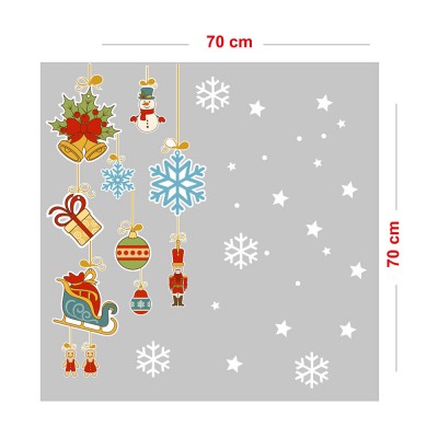Salınan Sevimli Süslemeler Kar Taneleri ve Yılbaşı Ağacı Zil Vitrin Stickerları 70x70cm Ev Vitrin Yılbaşı Stickerı
