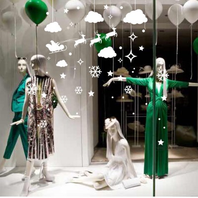 Sevimli Geyikler Noel Baba Kar Taneleri ve Yılbaşı Vitrin Stickerları 70x70cm Ev Vitrin Yılbaşı Stickerı