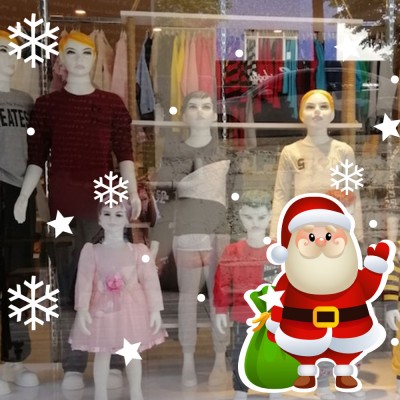 Sevimli Noel Baba ve Kar Taneleri Yılbaşı Vitrin Sticker Yapıştırma 70x70cm Ev Vitrin Yılbaşı Stickerı