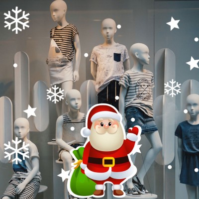 Sevimli Noel Baba ve Kar Taneleri Yılbaşı Vitrin Sticker Yapıştırma 70x70cm Ev Vitrin Yılbaşı Stickerı