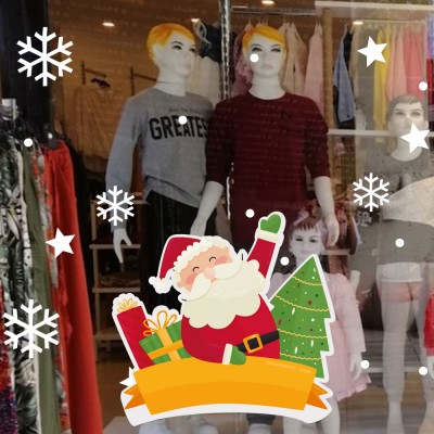 Sevimli Noel Baba Yılbaşı Süsü ve Kar Taneleri Vitrin Sticker Yapıştırma 70x70cm Ev Vitrin Yılbaşı Stickerı