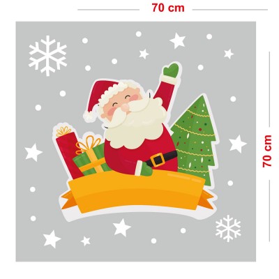 Sevimli Noel Baba Yılbaşı Süsü ve Kar Taneleri Vitrin Sticker Yapıştırma 70x70cm Ev Vitrin Yılbaşı Stickerı