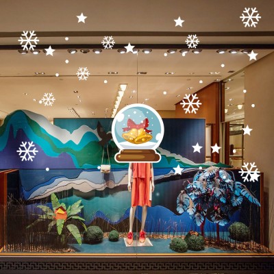 Sevimli Sihirli Ziller Kar Taneleri ve Yılbaşı Vitrin Stickerları 70x70cm Ev Vitrin Yılbaşı Stickerı