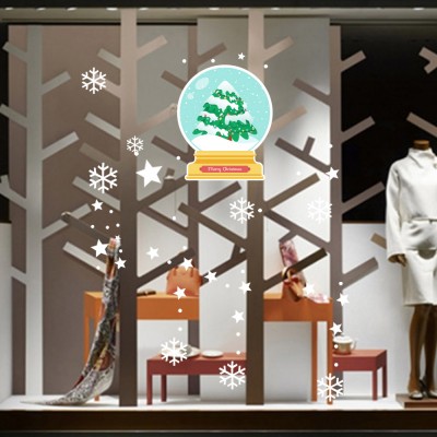 Sihirli Dünya Kar Tanesi ve Yılbaşı Ağacı Vitrin Süslemeleri Sticker 70x70cm Ev Vitrin Yılbaşı Stickerı