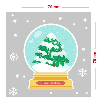Sihirli Dünya Kar Tanesi ve Yılbaşı Ağacı Vitrin Süslemeleri Sticker 70x70cm Ev Vitrin Yılbaşı Stickerı