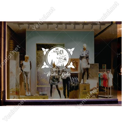 Silindir İçinde Geyik ve Ho ho Ho Mutlu Yıllar Yazısı Yılbaşı Süslemeleri Ev Vitrin Yılbaşı Stickerı