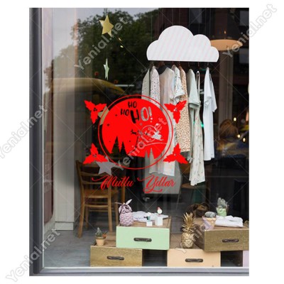 Silindir İçinde Geyik ve Ho ho Ho Mutlu Yıllar Yazısı Yılbaşı Süslemeleri Ev Vitrin Yılbaşı Stickerı