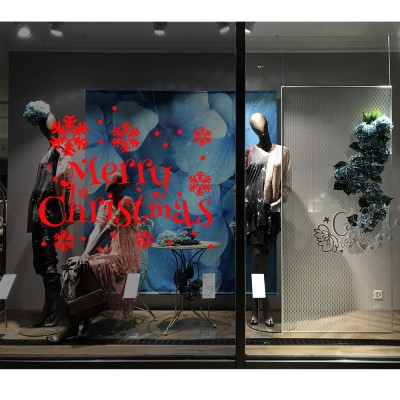 Yılbaşı Süslemeleri Çam Ağacı Kar Taneleri Vitrin Cam Dükkan Çıkartması 76x115 cm