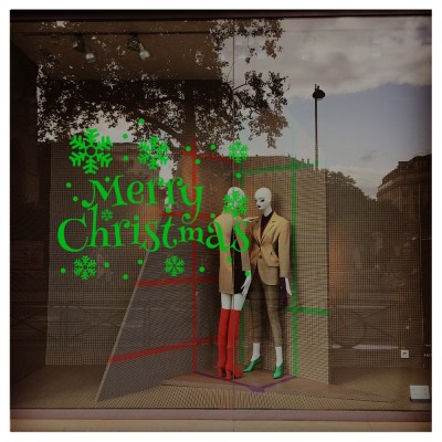 Yılbaşı Süslemeleri Çam Ağacı Kar Taneleri Vitrin Cam Dükkan Çıkartması 76x115 cm