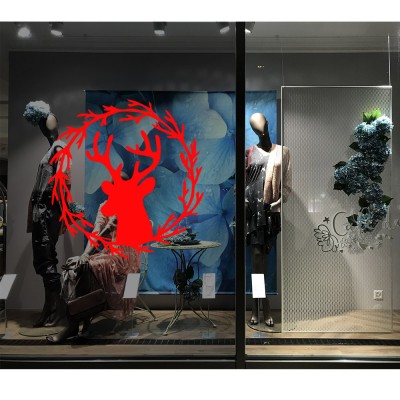 Yılbaşı Cam Süslemeleri Çelenkli Geyik Başı Sticker Yapıştırma