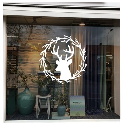 Yılbaşı Cam Süslemeleri Çelenkli Geyik Başı Sticker Yapıştırma