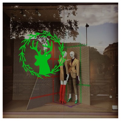 Yılbaşı Cam Süslemeleri Çelenkli Geyik Başı Sticker Yapıştırma