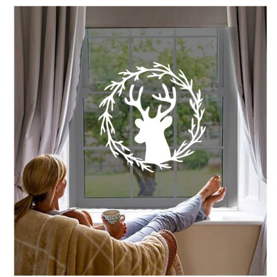 Yılbaşı Cam Süslemeleri Çelenkli Geyik Başı Sticker Yapıştırma