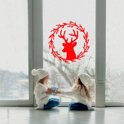 Yılbaşı Cam Süslemeleri Çelenkli Geyik Başı Sticker Yapıştırma