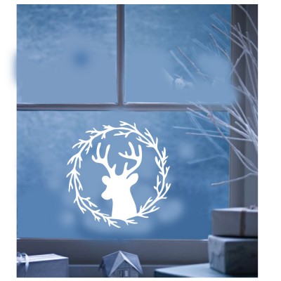 Yılbaşı Cam Süslemeleri Çelenkli Geyik Başı Sticker Yapıştırma