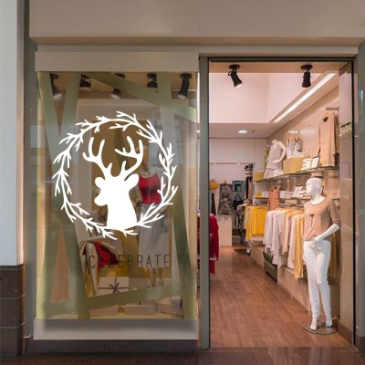 Yılbaşı Cam Süslemeleri Çelenkli Geyik Başı Sticker Yapıştırma
