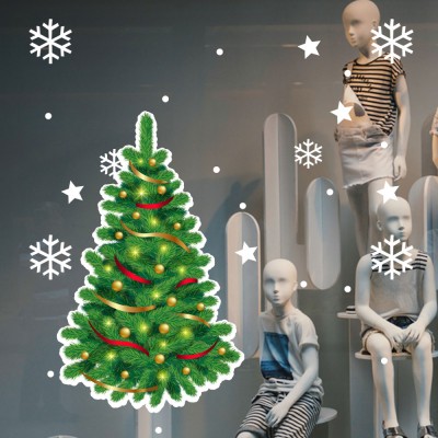 Yılbaşı Ağacı Kar Taneleri Süslemeli Yılbaşı Vitrin Sticker  Yapıştırma 70x70cm Ev Vitrin Yılbaşı Stickerı
