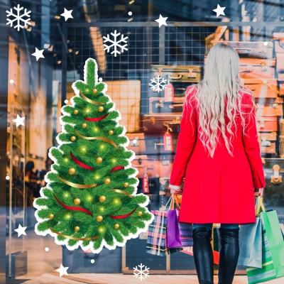 Yılbaşı Ağacı Kar Taneleri Süslemeli Yılbaşı Vitrin Sticker  Yapıştırma 70x70cm Ev Vitrin Yılbaşı Stickerı