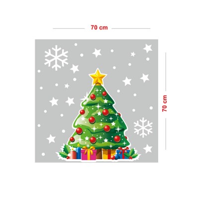Yılbaşı Ağacı ve Kar Taneleri Vitrin Sticker Yapıştırma 70x70cm Ev Vitrin Yılbaşı Stickerı