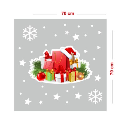 Yılbaşı Hediye Paketleri ve Kar Taneleri Vitrin Sticker Yapıştırma 70x70cm Ev Vitrin Yılbaşı Stickerı