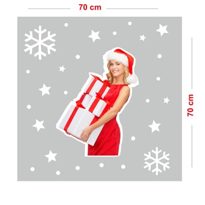Yılbaşı Hediye Paketlerini Taşıyan Kadın ve Kar Taneleri Vitrin Sticker Yapıştırma 70x70cm Ev Vitrin Yılbaşı Stickerı